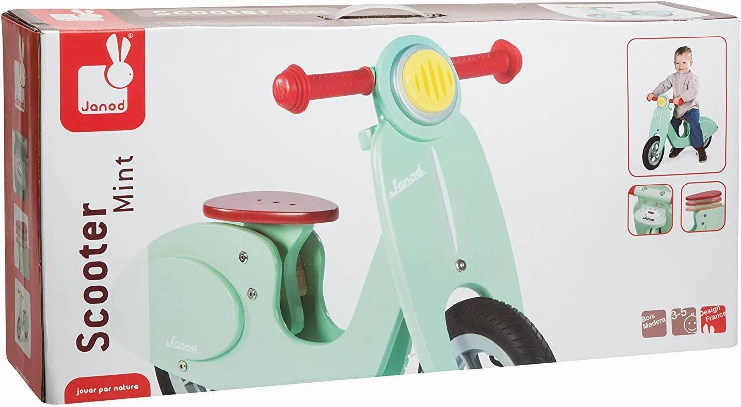 Janod Wooden Kids Scooter Mint - Balance Scooter with Vintage Retro Look