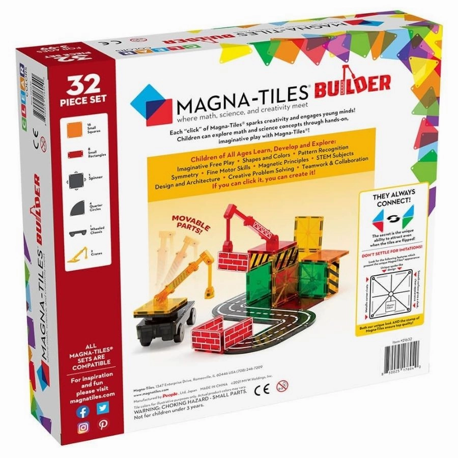 Magna-Tiles: Builder Clear Colours 32 pieces Magnetic Tiles