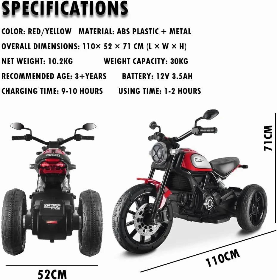 Moto Ducati Scrambler Electric 12V Battery Powered 3-Wheel Motorbike Ride-on