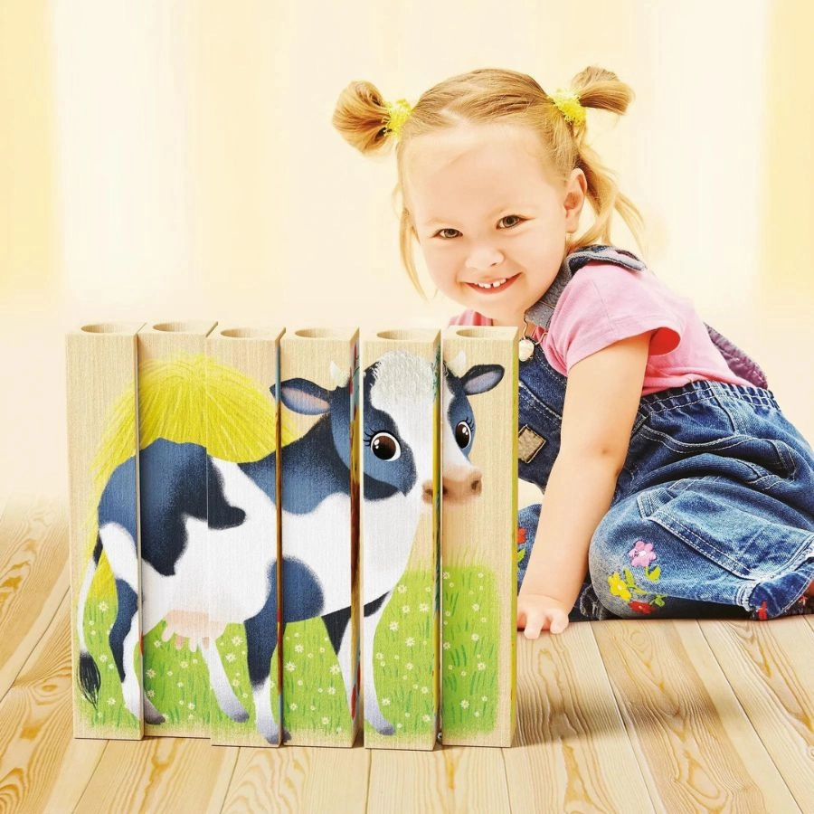 Quercetti - PlayBio Wood: Four Puzzle Farm Animals Wooden Blocks
