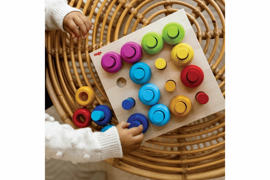 Rainbow Whirls Wooden Sorting and Stacking Game