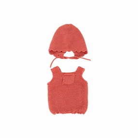 Red Knit Doll Romper and Bonnet Set  - 12"