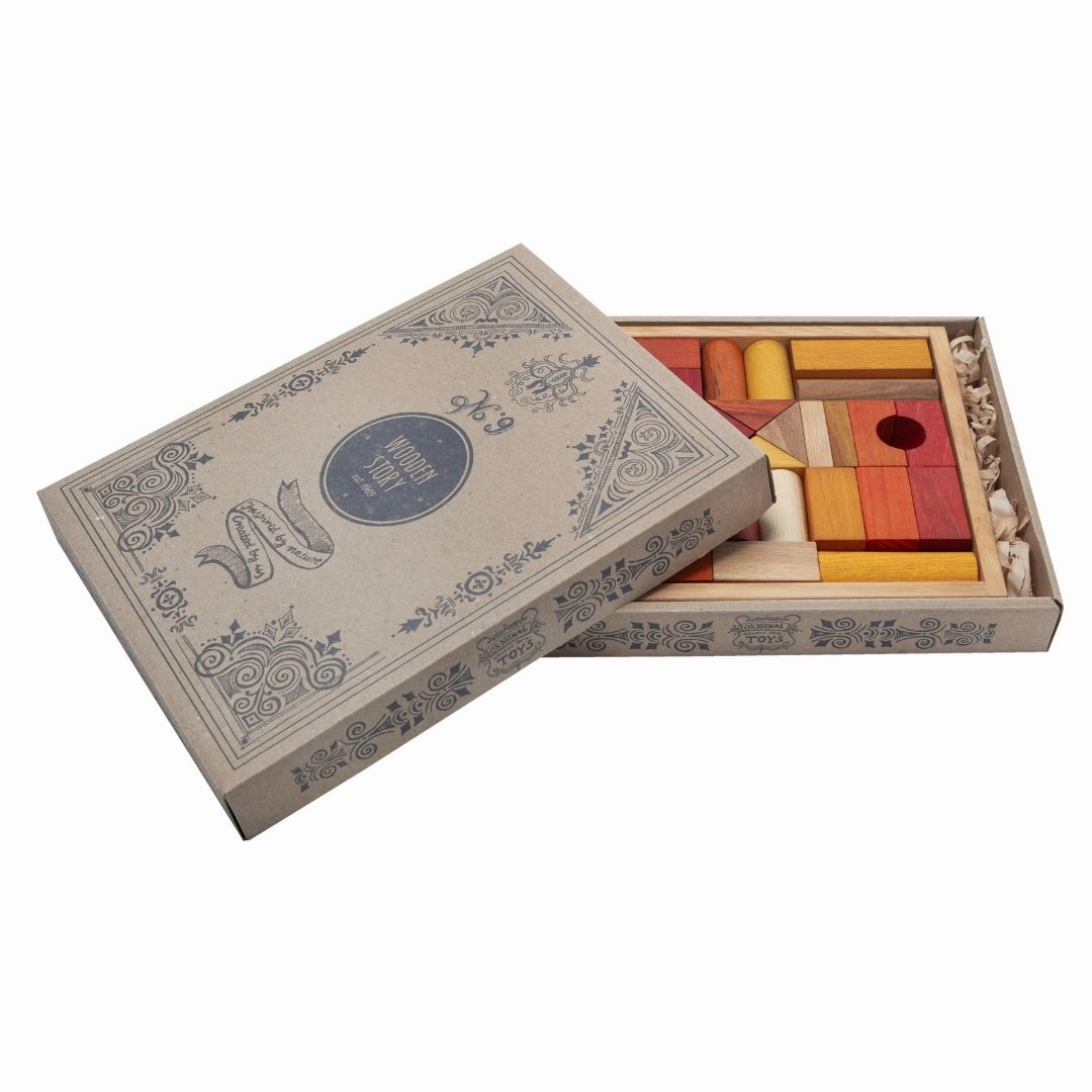 Warm Colored Wooden Block Set with Storage Tray - 30 Pieces