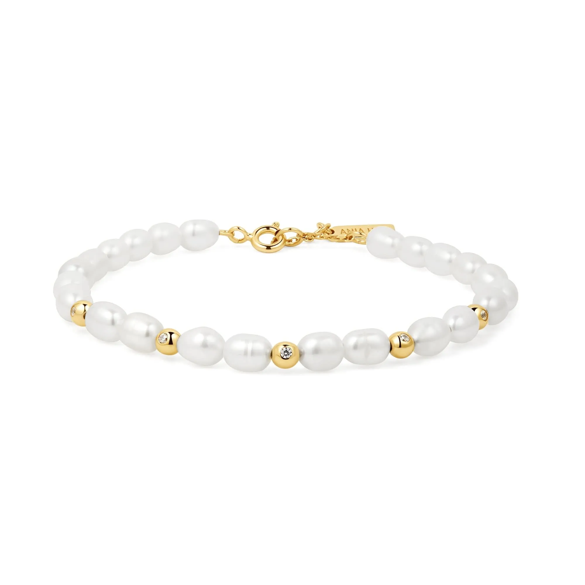 Bracelet Ania Haie en or avec perle d'eau douce blanche et zircone cubique sertie sur le contour B058-05G Bijoux Ania Haie