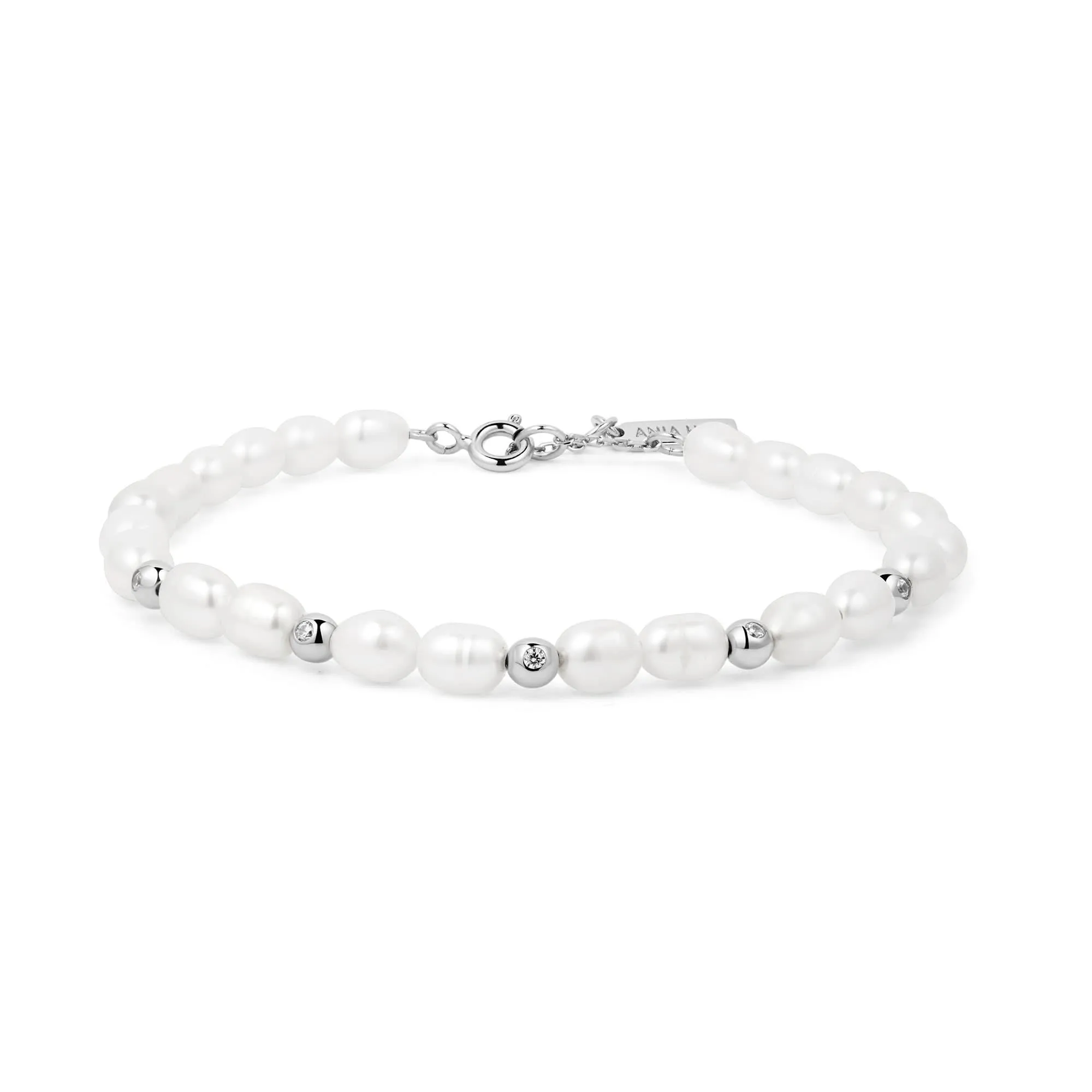 Bracelet Ania Haie en perles d'eau douce argentées avec zircons cubiques blancs sertis sur le tour B058-05H Bijoux Ania Haie