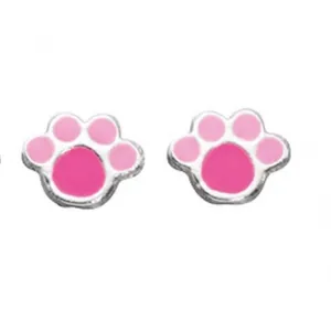 Boucles d'oreilles à clous empreinte de patte en argent sterling émaillé rose A883P - Bijoux Beginnings