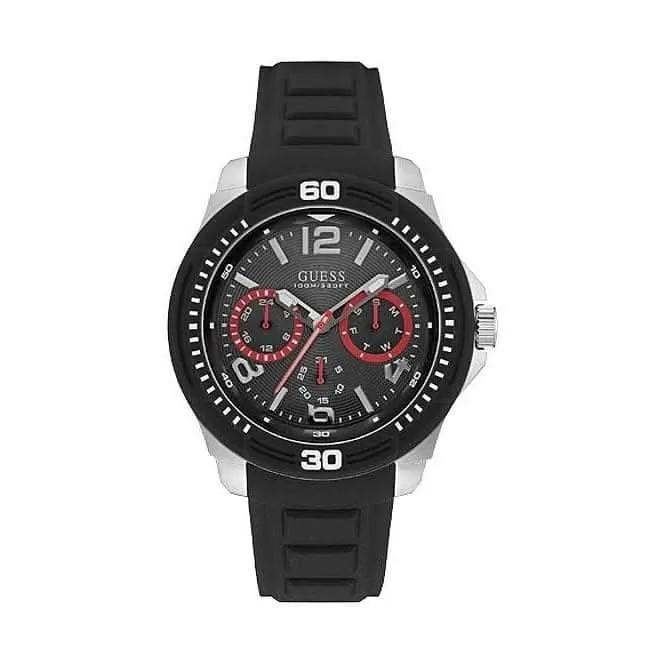 Montre Guess pour Homme en Argent avec Cadran Multifonction Noir et Bracelet en Silicone Noir W0967G1