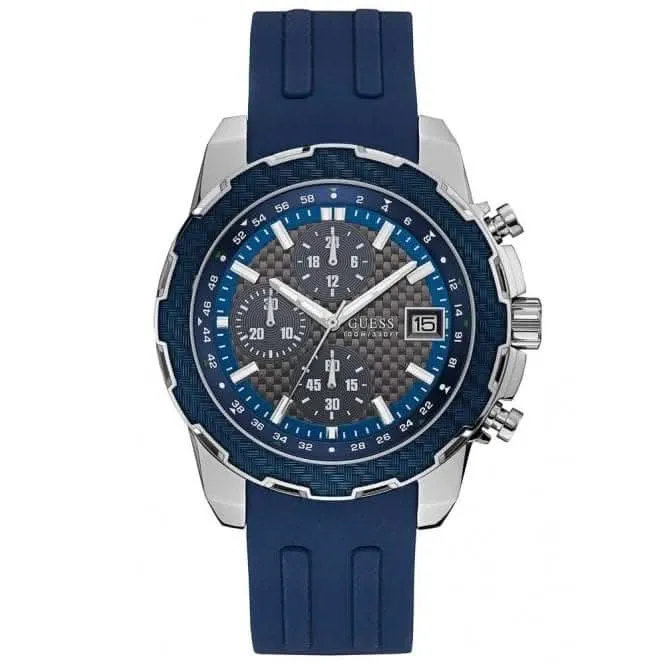 Montre Guess pour Homme en Argent avec Bordure Bleue, Cadran Gris et Bracelet en Silicone Texturé Bleu W1047G2