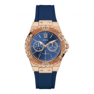 Montre Guess Ladies en or rose, cadran bleu avec cristaux, bracelet en silicone bleu W1053L1