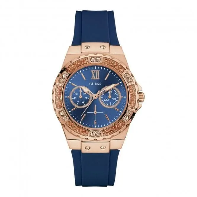 Montre Guess Ladies en or rose, cadran bleu avec cristaux, bracelet en silicone bleu W1053L1