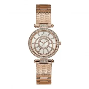 Montre Guess Ladies en or rose, cadran blanc, bracelet texturé or rose W1008L3