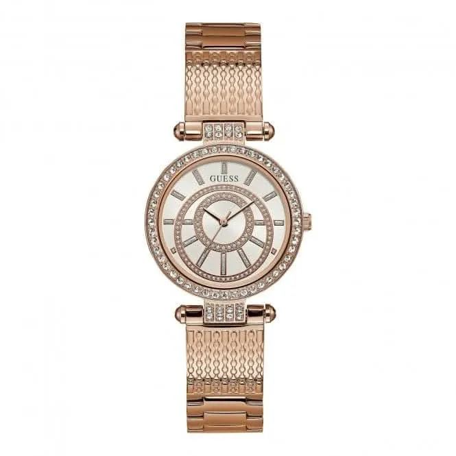 Montre Guess Ladies en or rose, cadran blanc, bracelet texturé or rose W1008L3