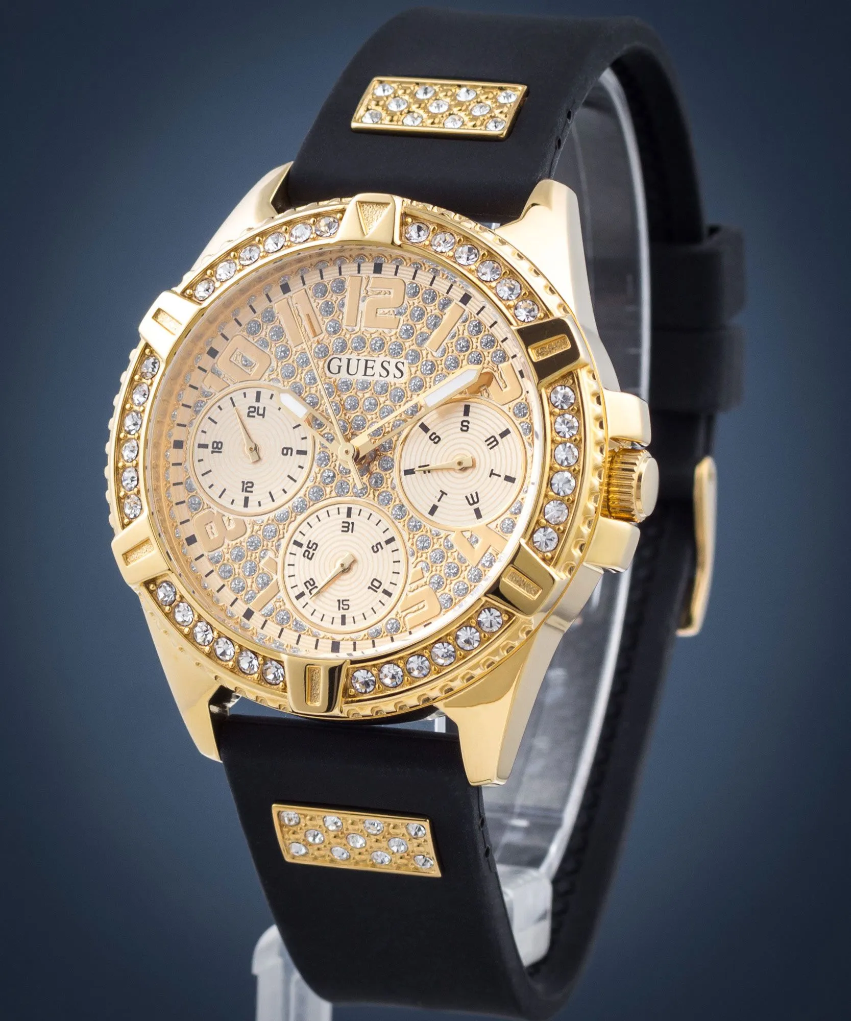Montres Guess Bijoux GUESS FRONTIER GLITZ CADRAN DORÉ BRACELET NOIR MONTRE W1160L1