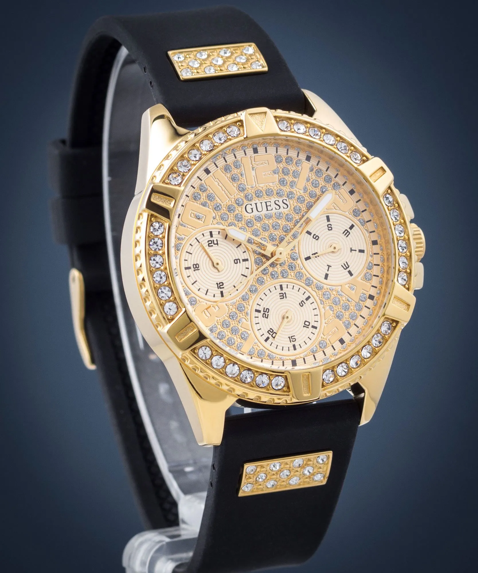 Montres Guess Bijoux GUESS FRONTIER GLITZ CADRAN DORÉ BRACELET NOIR MONTRE W1160L1