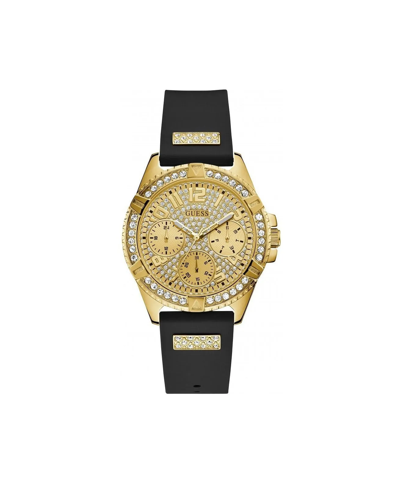 Montres Guess Bijoux GUESS FRONTIER GLITZ CADRAN DORÉ BRACELET NOIR MONTRE W1160L1