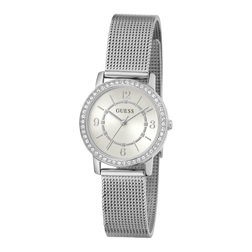 Montres Jewelry Guess Guess Melody Dames Horloge en Ton Argent Bracelet Maille Femme GW0534L1