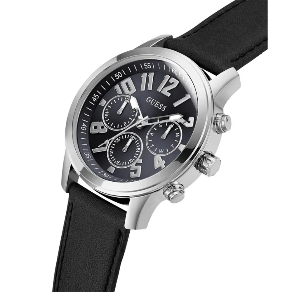 Montre Guess pour Homme en Cuir Noir Multifonction Ton Argenté GW0709G1