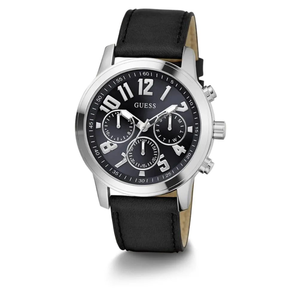 Montre Guess pour Homme en Cuir Noir Multifonction Ton Argenté GW0709G1