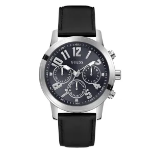Montre Guess pour Homme en Cuir Noir Multifonction Ton Argenté GW0709G1