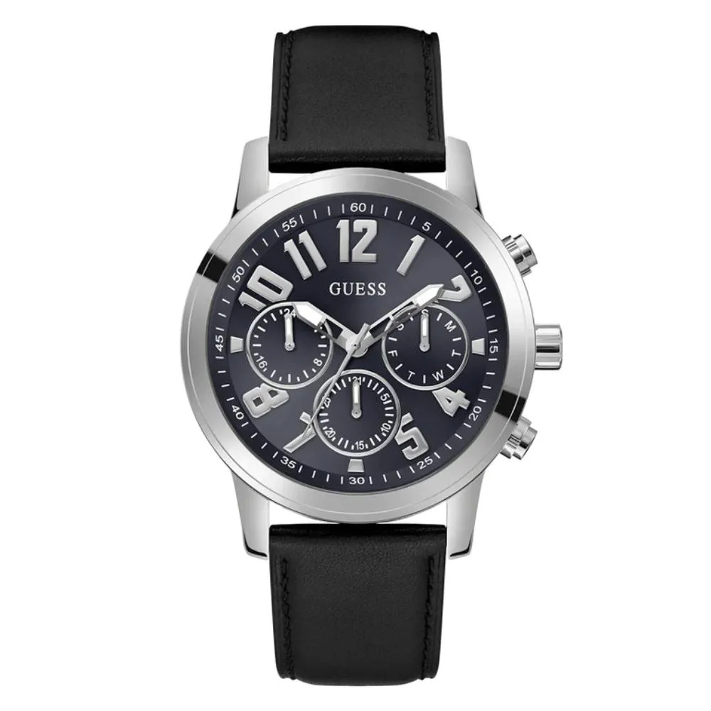 Montre Guess pour Homme en Cuir Noir Multifonction Ton Argenté GW0709G1